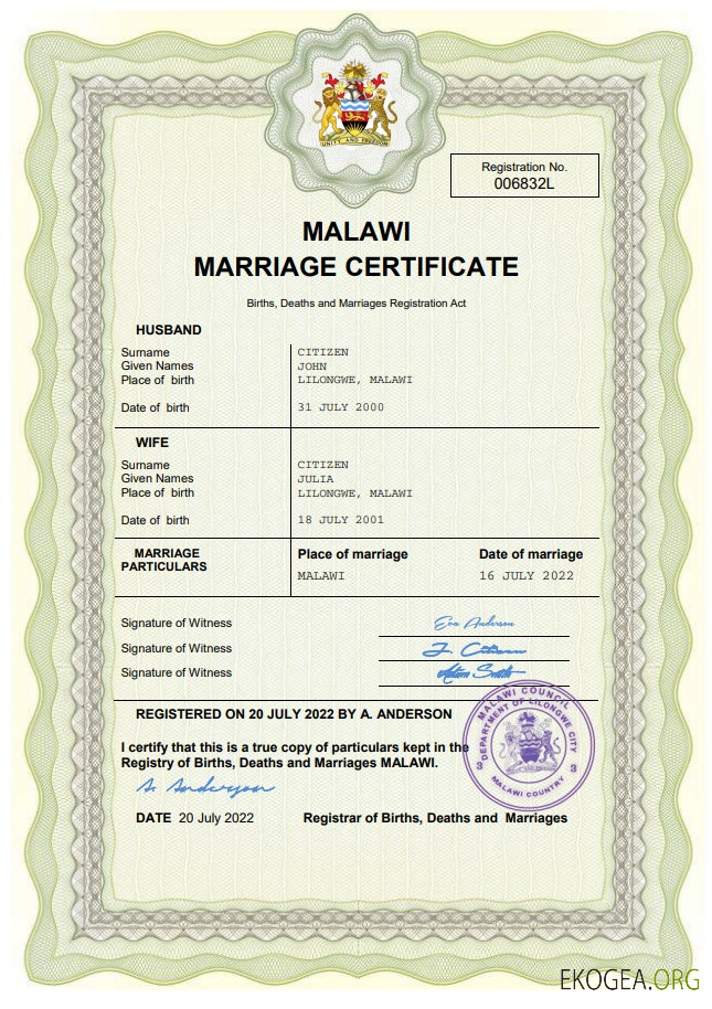Modèle Word et PDF de certificat de mariage du Malawi